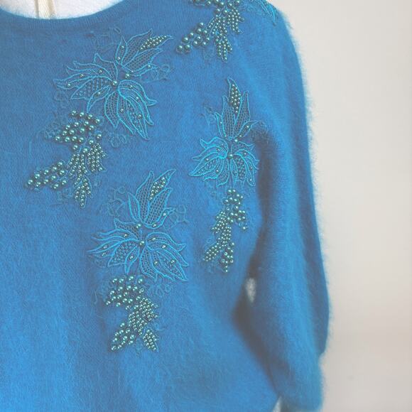 Lord & Taylor 80s Angora Teal Beaded Floral Fuzzy Sweater M - Picture 2 of 15